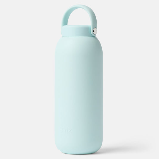 Light blue water bottle with a handle on a white background