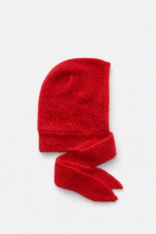 Arctic Fox Knit Bonnet with ties in Red