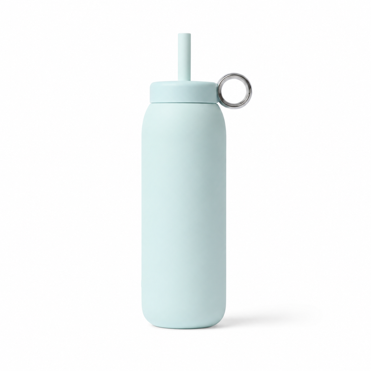 A light pastel blue insulated water bottle with a matching straw lid and a small silver metal ring, shown on a clean white background.