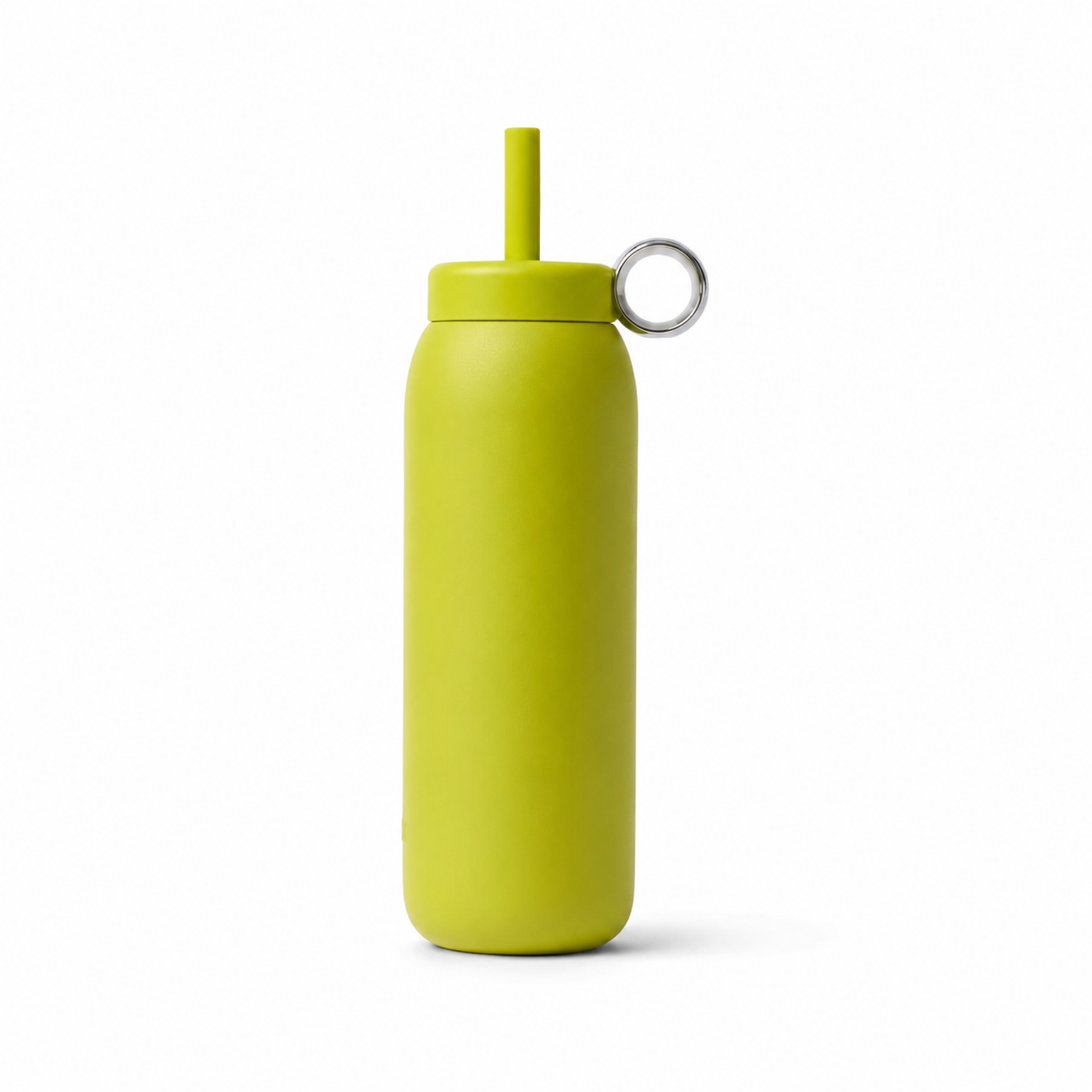 A matte lime green insulated bottle with a matching lid, straw, and a small silver metal loop, shown on a clean white background.