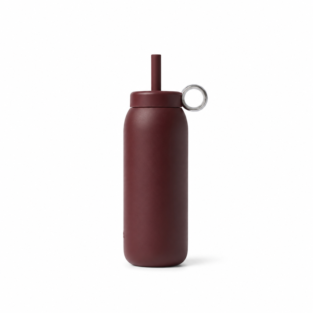 A matte burgundy insulated water bottle with a matching straw lid and a small silver metal loop, shown on a clean white background.