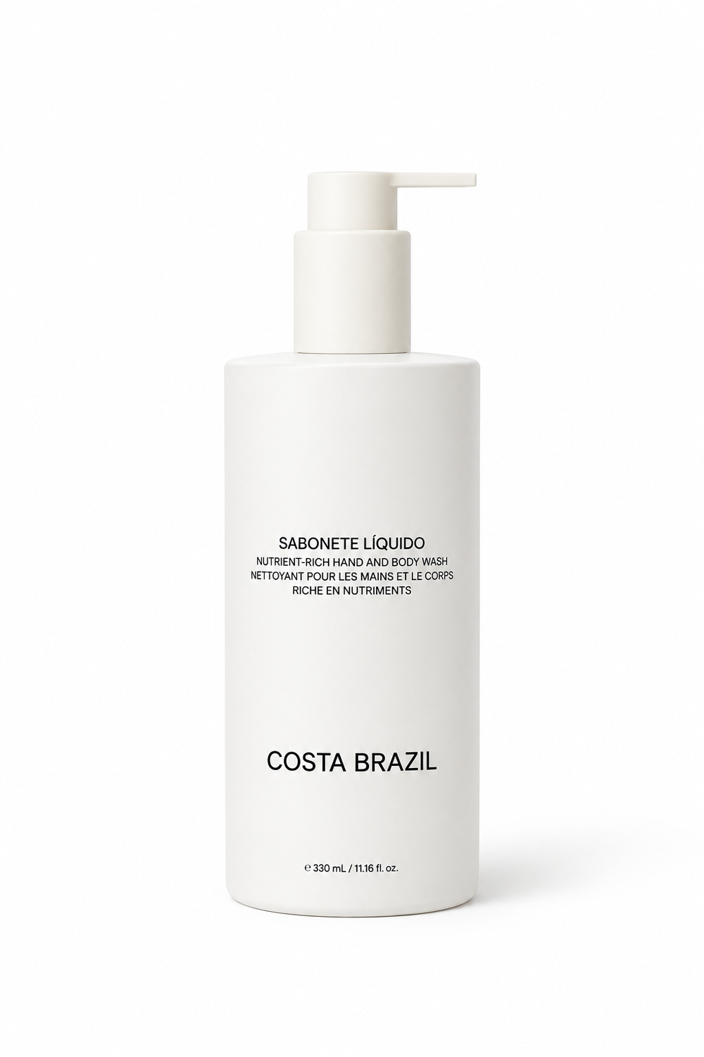 A white cylindrical pump bottle of Costa Brazil liquid hand and body wash, featuring black text and a minimalist white pump dispenser, set against a plain white background.
