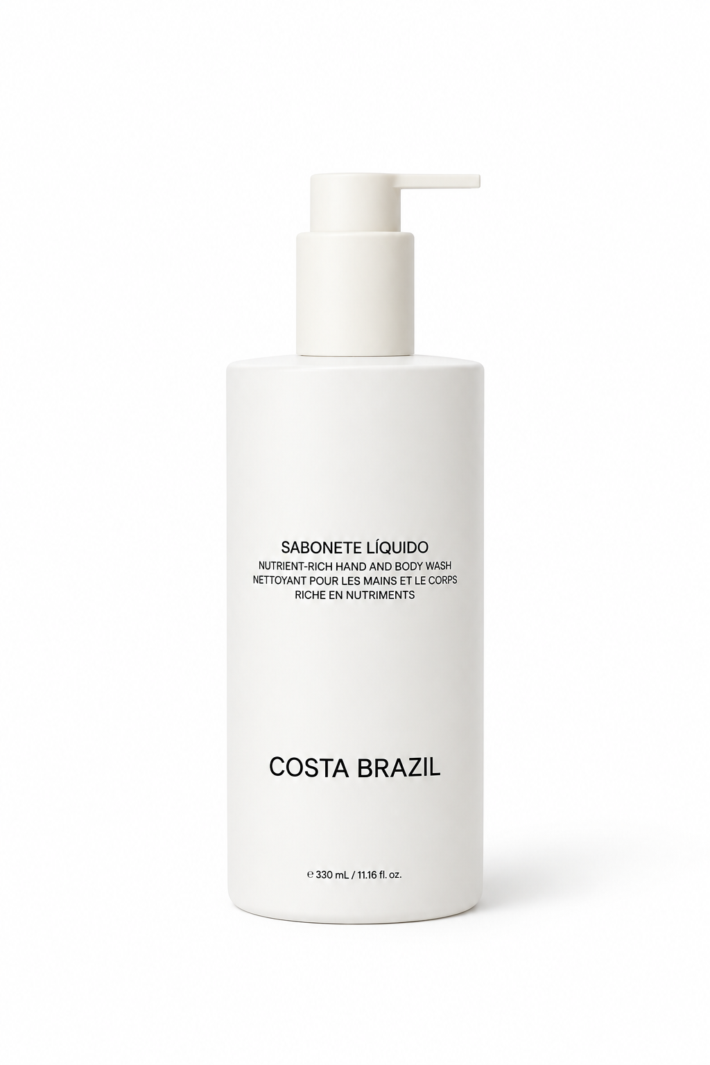 A white cylindrical pump bottle of Costa Brazil liquid hand and body wash, featuring black text and a minimalist white pump dispenser, set against a plain white background.