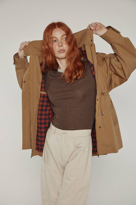 Tie waist utility jacket: Khaki / Solid / XS/S