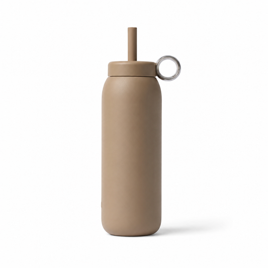 A matte tan insulated water bottle with a matching straw lid and a small metal carrying loop, shown on a clean white background.