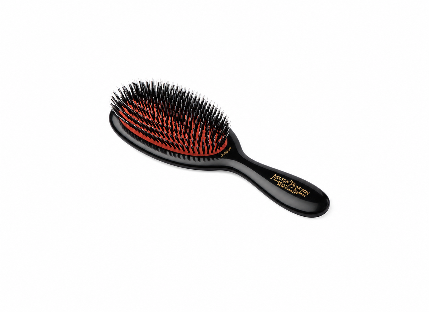 A black oval hairbrush with red and black bristles and gold text on the handle, shown on a plain white background.