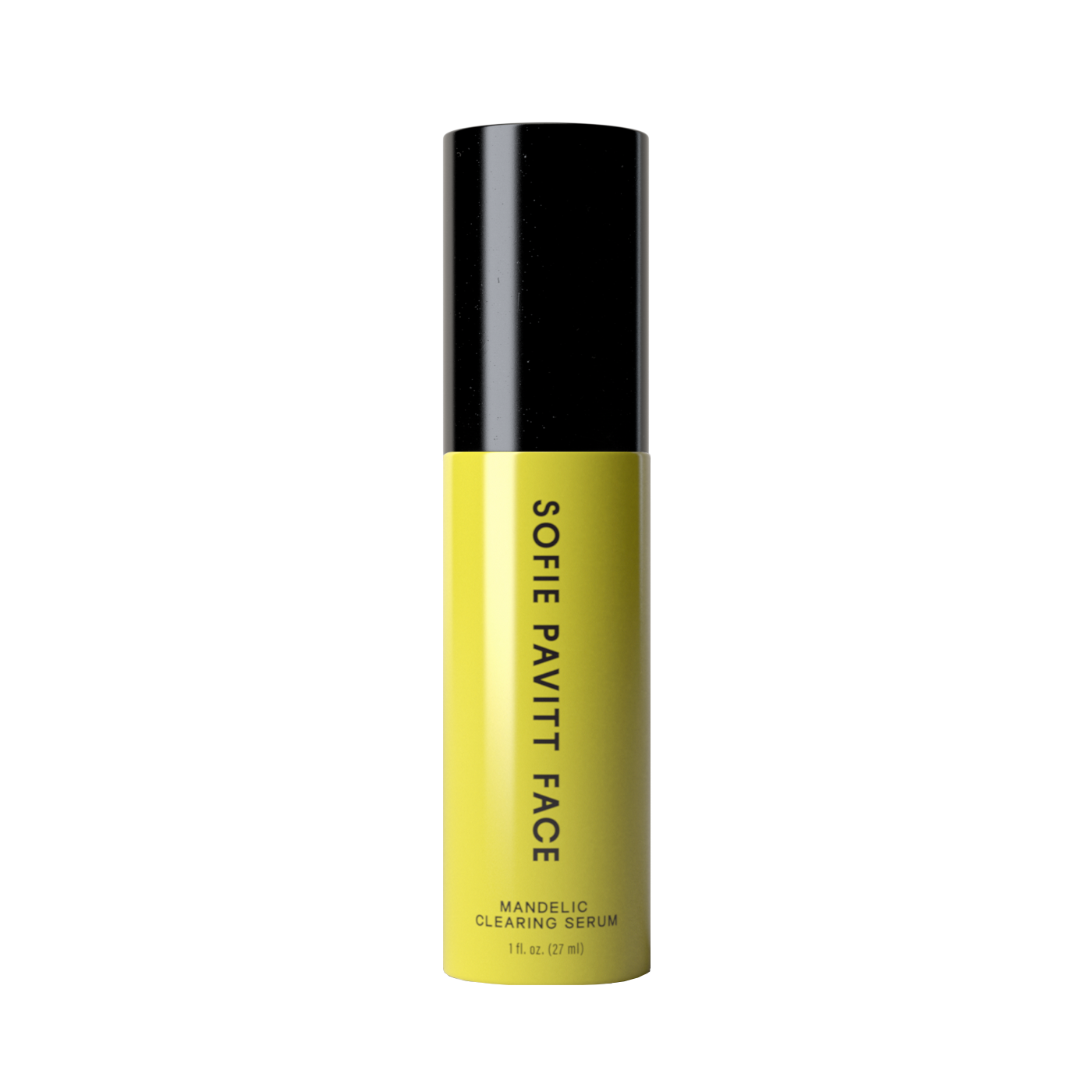 A single bottle of Sofie Pavitt Face Mandelic Clearing Serum, featuring a bright yellow body and a black cap, centered on a plain white background.