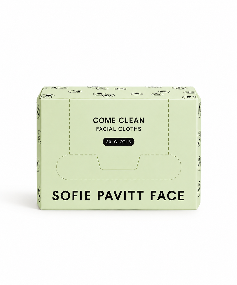 A pale mint green box of Sofie Pavitt Face Come Clean Facial Cloths, featuring black text and a subtle pattern of faces along the top and bottom edges, set against a plain white background.