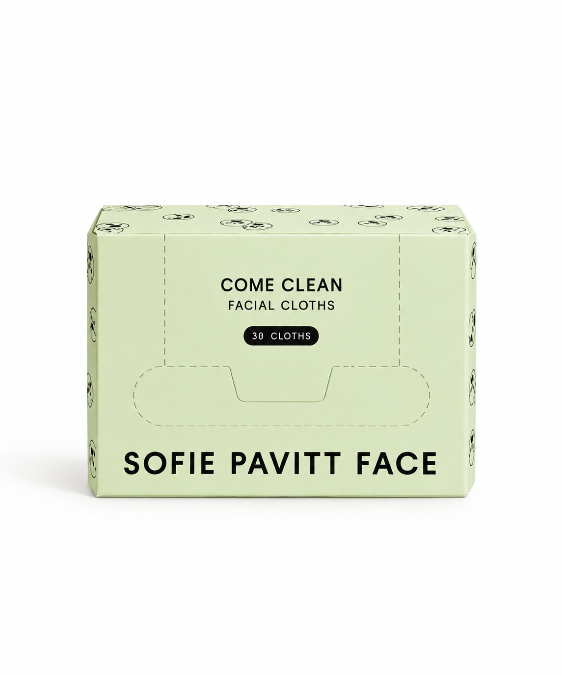 A pale mint green box of Sofie Pavitt Face Come Clean Facial Cloths, featuring black text and a subtle pattern of faces along the top and bottom edges, set against a plain white background.