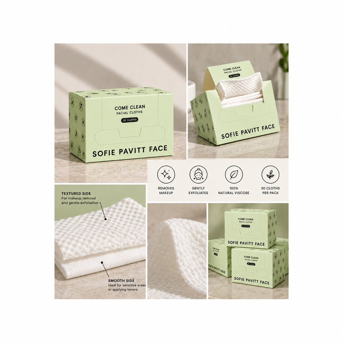 Sofie Pavitt Face makeup sponges shown with their light green patterned packaging, featuring a textured sponge, folded sponges, an open box displaying the sponges, and feature icons highlighting gentle exfoliation, breathable mesh, natural raceme material, and 30-count pack.