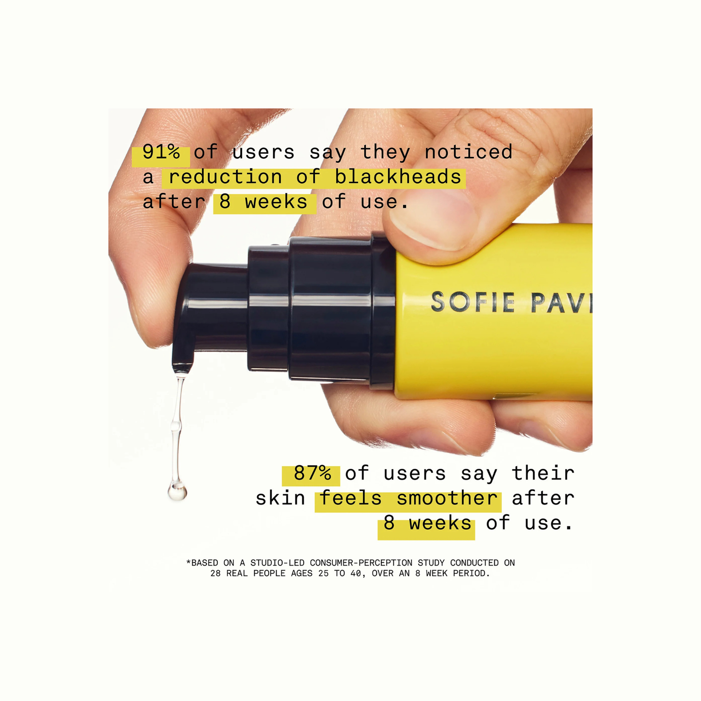 Yellow skincare product being dispensed with text about user feedback on blackhead reduction and skin smoothness.